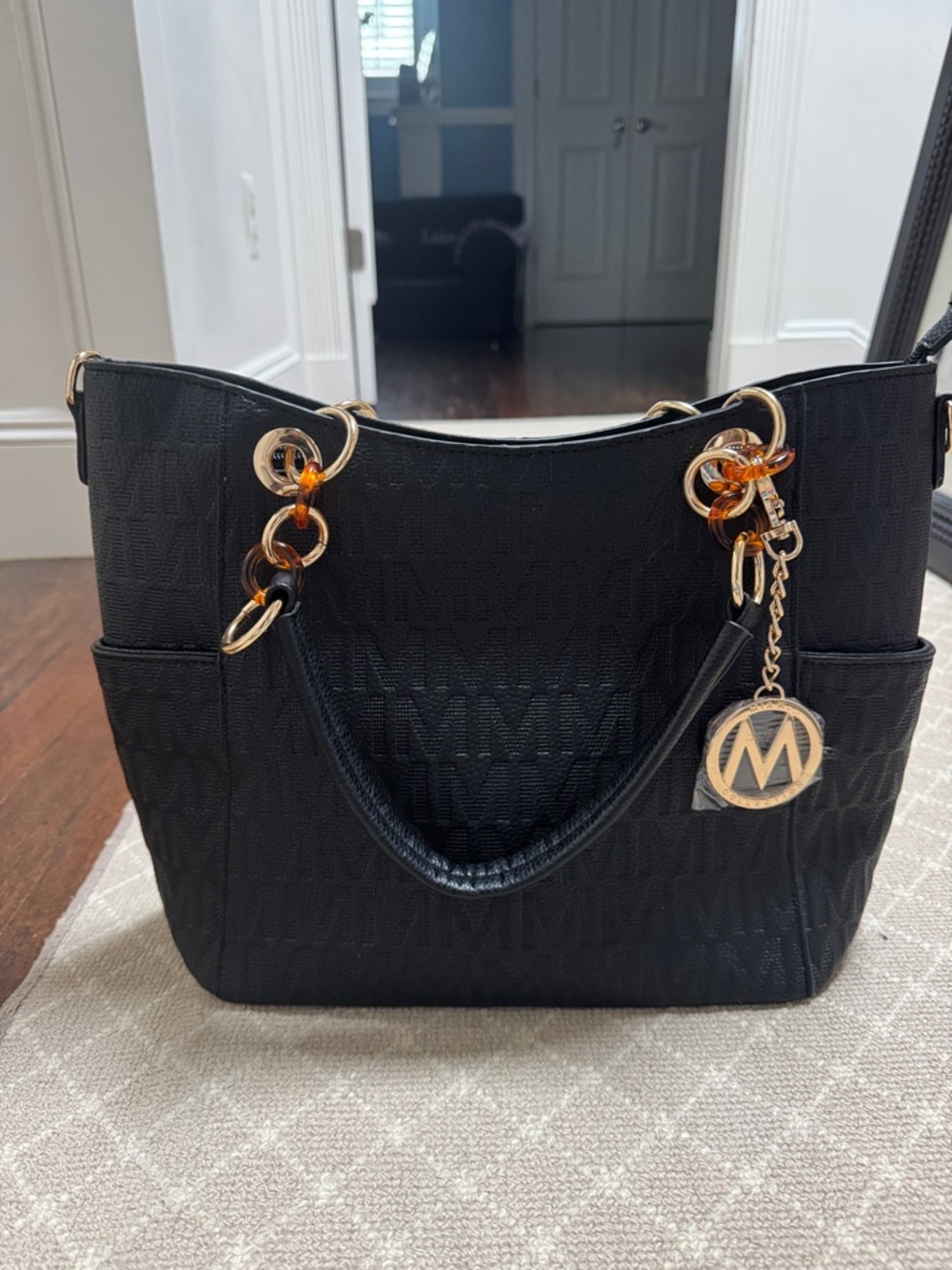 MKF collection  Black Logo-Embossed Shoulder Bag with Gold Charm